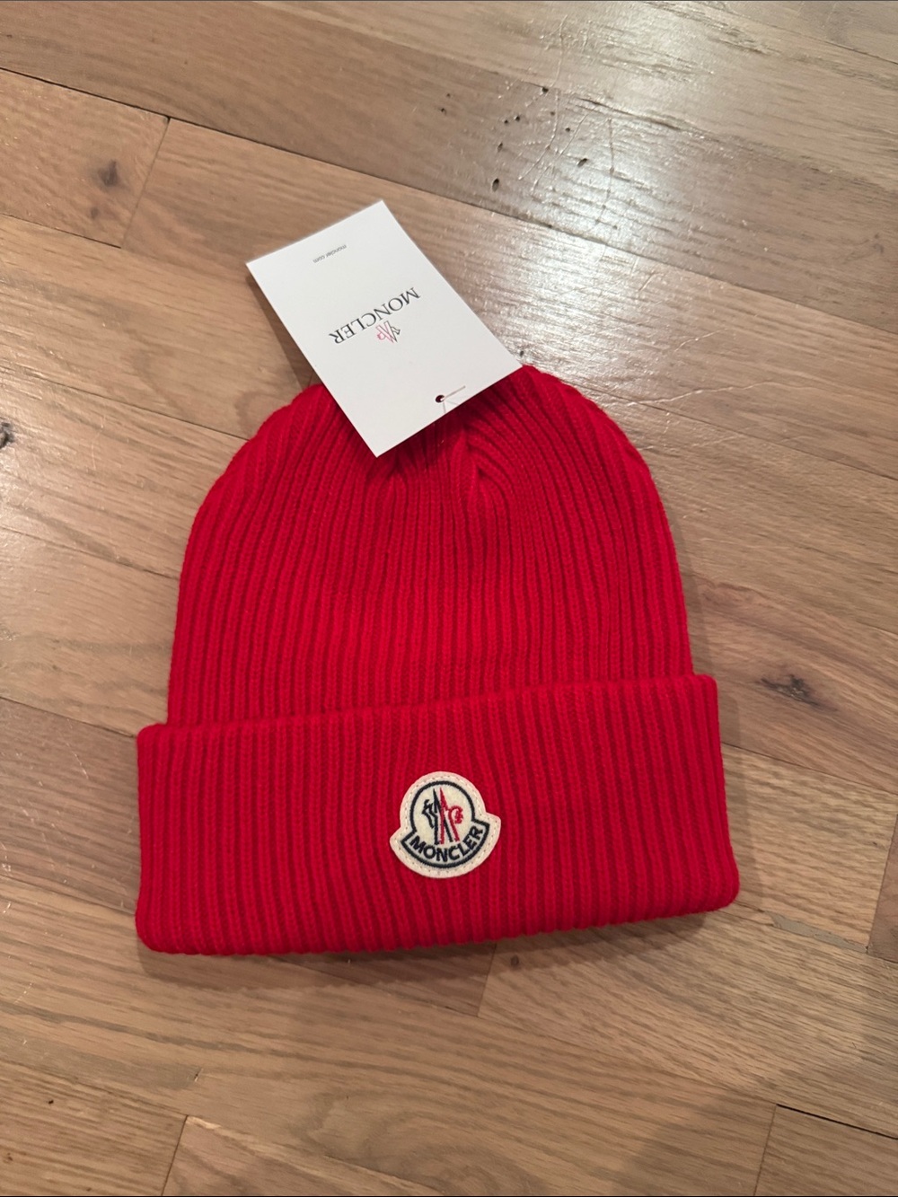 Moncler style Red Ribbed Cuffed Beanie with Logo Patch